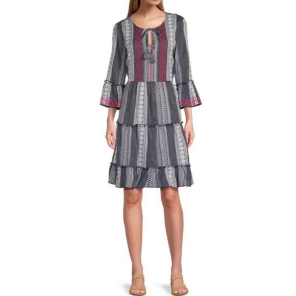 John Mark Embroidered Tie Neck Ruffle Sleeve Knee Length Dress NWT - Picture 1 of 11